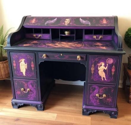 Custom Order Option: Antique Rolltop Writer's Desk Retro Vintage Crystal Ball Fortune-Teller Divination Reader Art Home Study Office Decor