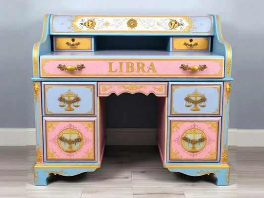 Custom Order Option: Antique Roll-Top Writers Desk Astrology Zodiac Sign Libra Color Art Retro Receptionist Vintage Home Study Office Decor