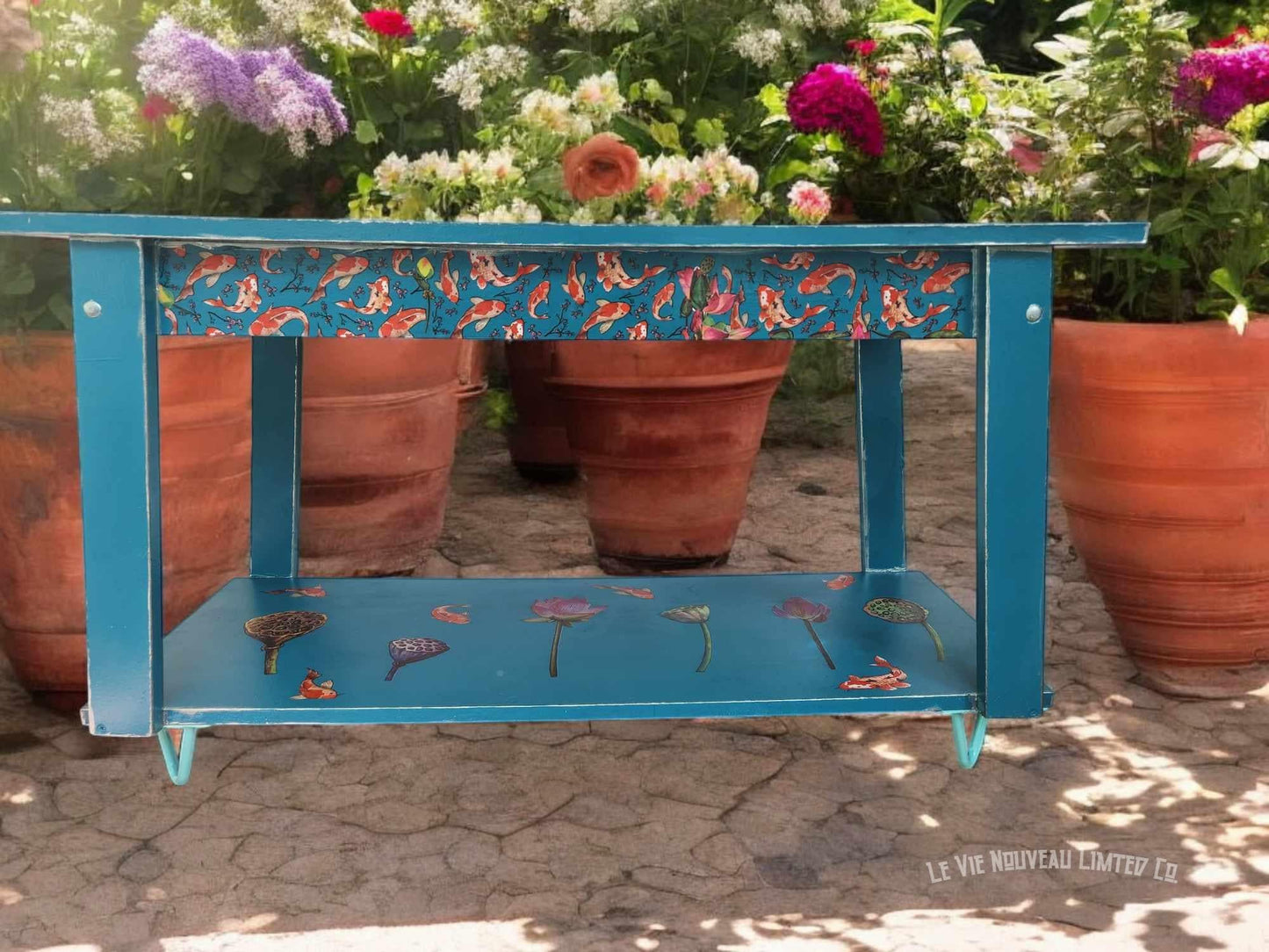 Custom Order Option: Floating Lotus & Koi Coffee Table Book Shelf, Vibrant Blue-Green Color, Metallic-Aqua Edge Upcycled Furniture Art