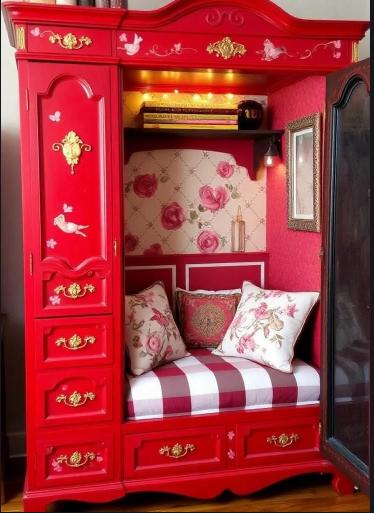 Decorative red cabinet with floral interior and cushions. Decorative red cabinet with open doors, cushioned seat, and floral patterns. Decorative red cabinet with floral wallpaper, cushions, and books inside. Red ornate wardrobe with floral designs converted into a sitting area with cushions and pillows. Upcycled Antique Romantic Hearts Armoire Reading Nook \| La Vie Nouveau Décor Shoppe