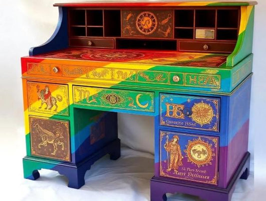 Custom Order Option: Antique Roll-Top Writer's Desk LGBTQ+ Pride Astrology Rainbow Retro Receptionist Art Vintage Home Study Office Decor