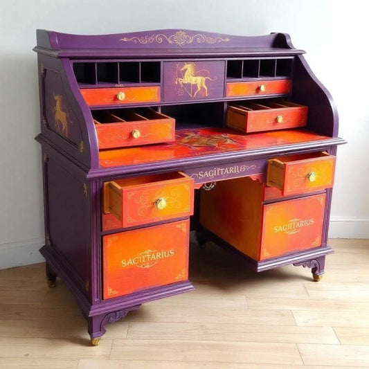 Custom Order Option: Antique Roll-Top Writer's Desk Astrology Zodiac Sign Sagittarius Colors Art Retro Vintage Home Study Office Decor