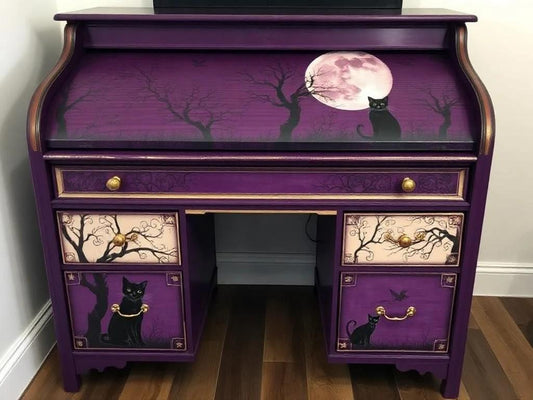 Custom Order Option: Antique Roll-Top Writer's Desk Goth Purple Witchy Moon Cat Art, Vintage Home Office Decor, Dark Academia Mystic Trees