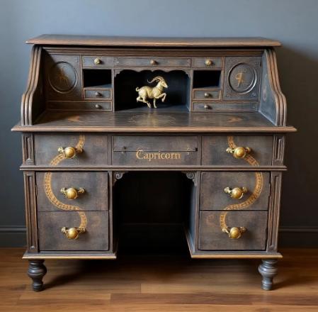 Custom Order Option: Antique Rolltop Writer's Desk Astrology Zodiac Sign Capricorn Goat Colors Art Retro Vintage Home Study Office Decor