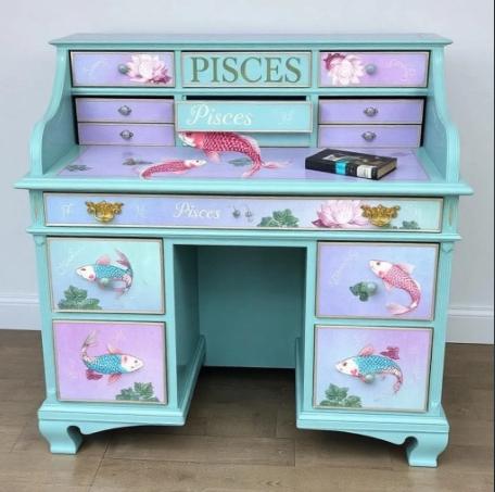 Custom Order Option: Antique Rolltop Writer's Desk Astrology Zodiac Sign Pisces Fish Colors Art Retro Vintage Home Study Office Decor