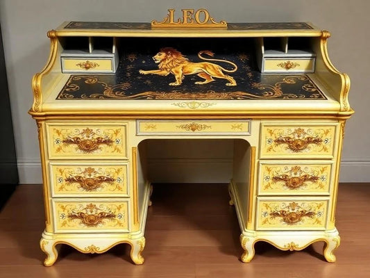 Custom Order Option: Antique Roll-Top Writer's Desk Astrology Zodiac Sign Leo Colors Art Retro Receptionist Vintage Home Study Office Decor