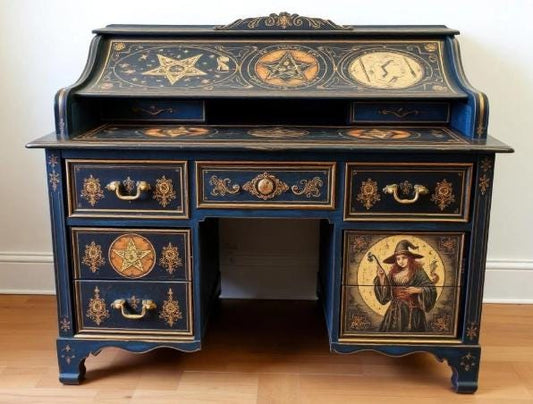 Custom Order Option: Upcycled Antique Rolltop Writer's Desk Blue & Gold Wizard Art Vintage Home Decor Warlock Sorcerer Mystic Witchcraft