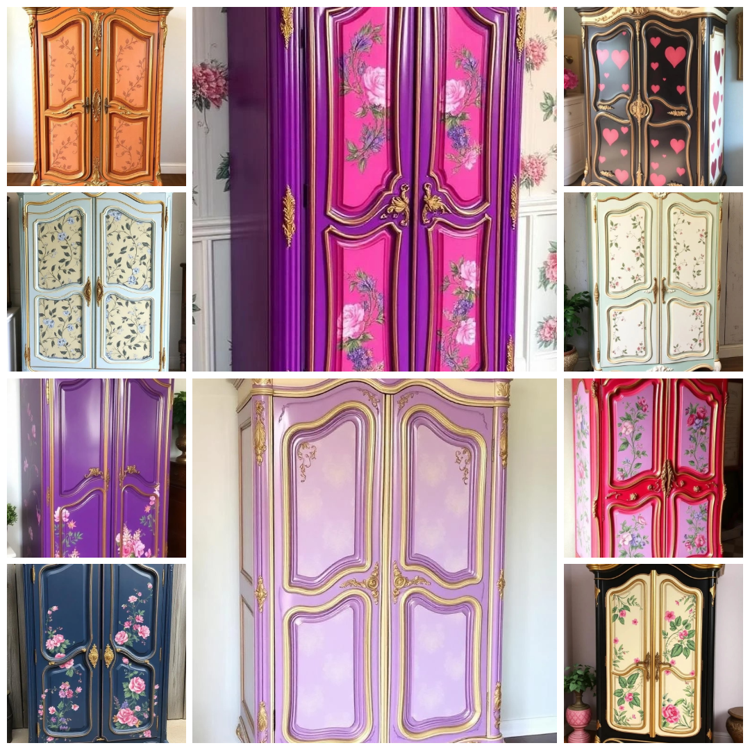 Unique, one of a kind customized bold and bright painted wardrobe armoires, artistically hand painted to reflect customers individuality.