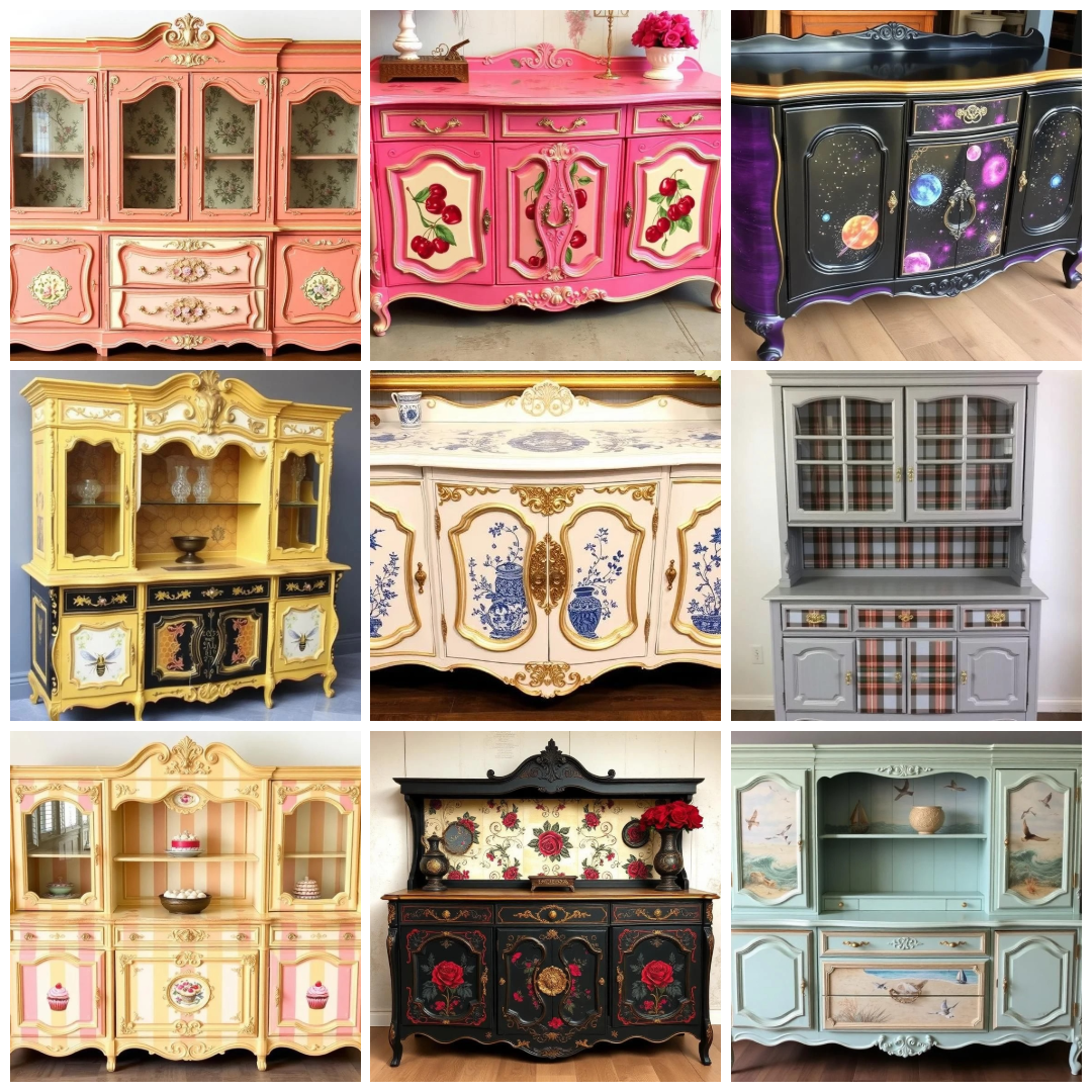 Unique, one of a kind customized china hutches and dining room buffets, artistically hand painted to reflect customers individuality.