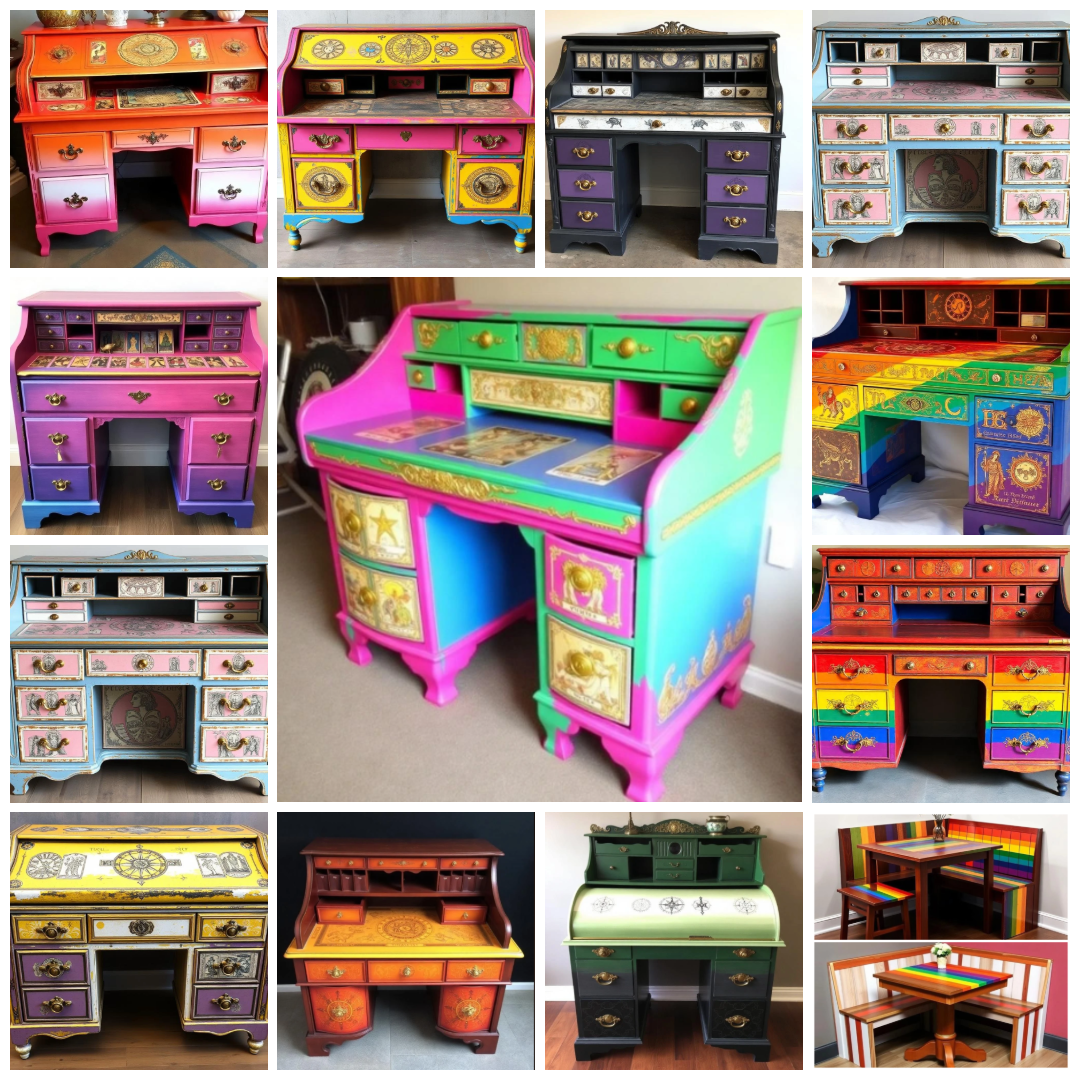 Unique one of a kind customized Pride antique vintage roll-top desk matching chairs stools vibrant colors pride flag colors rainbow home office receptionist business pride center office, artistically hand painted to reflect customers individuality.