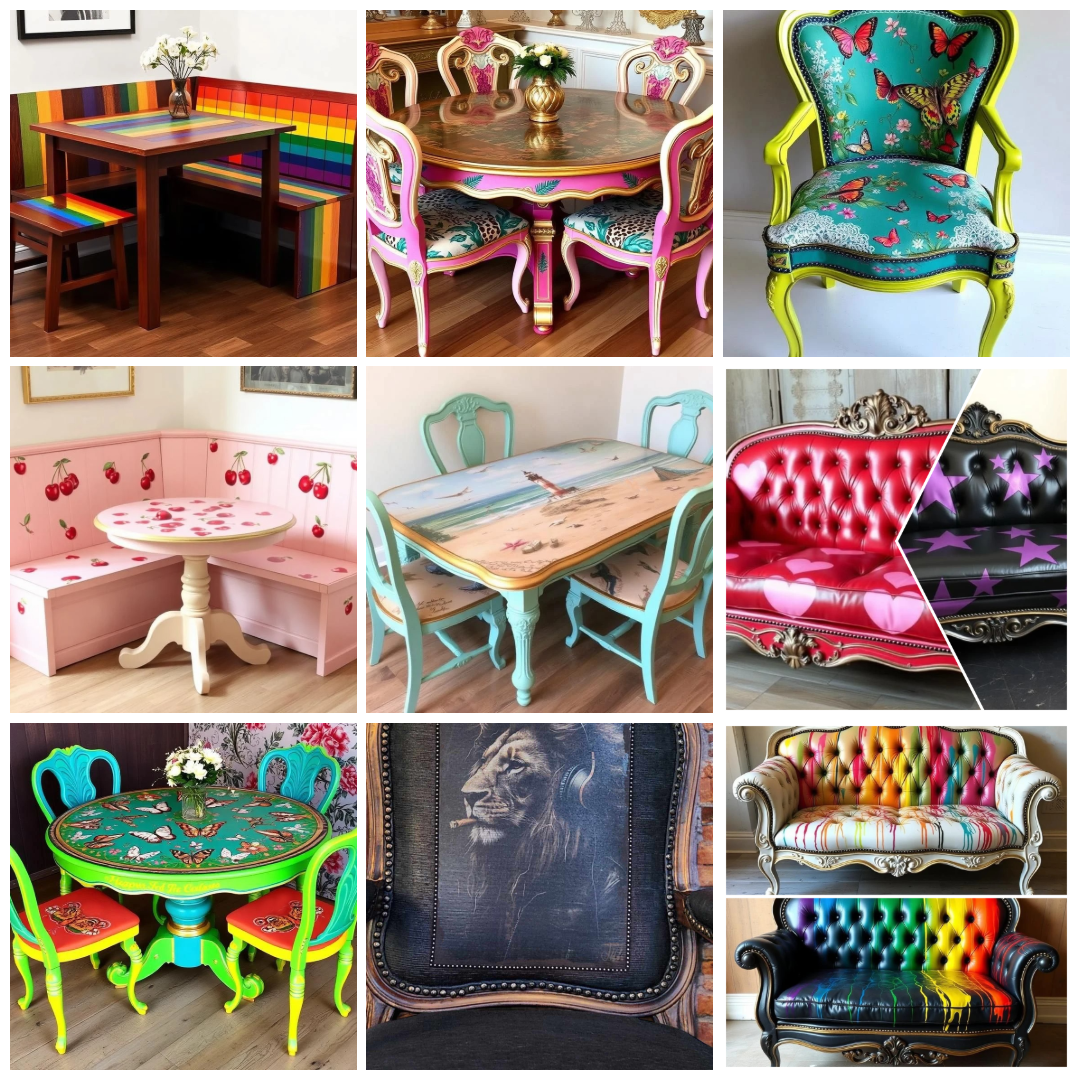 Unique, one of a kind customized accent tables, accent chairs, and kitchen nook benches, artistically hand painted to reflect customers individuality.