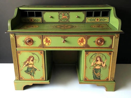 Custom Order Option: Antique Roll-Top Writers Desk Astrology Zodiac Sign Virgo Color Art Retro Receptionist Vintage Home Study Office Decor