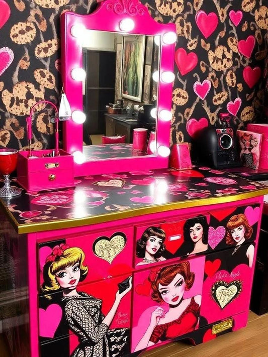 Custom Order Option: Upcycled Salon Styling Station Retro Leopard Pin-Up Girl Lips Art, Vintage Home Office Beauty School Decor Receptionist