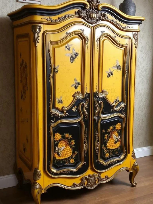 Custom Order Option: Antique Beehive Honeycomb-Themed Art Yellow & Black Upcycled Vintage Bedroom Furniture Set- Wardrobe Armoire Home Decor