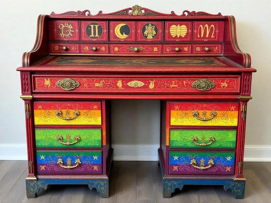 Custom Order Option: Antique Roll-Top Writer's Desk LGBTQ+ Pride Astrology Rainbow Retro Receptionist Art Vintage Home Study Office Decor