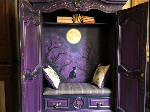 Purple cabinet with a painted scene of a cat under a moonlit sky. Purple armoire with black cat design and books inside, on a wooden floor. Decorative purple cabinet with open doors, cushions, and a small table inside. Decorative wardrobe with open doors showing a cozy interior with cushions and a small table. Decorative cabinet with a purple interior featuring a cat, moon, and books. Decorative wooden cabinet with open doors, featuring artistic designs and cushions. Upcycled Antique Witchy Cat Moon Armoire