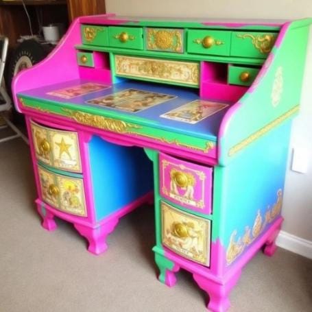 Custom Order Option: Antique Rolltop Writer's Desk LGBTQ2+ Pride Polysexual Flag Colors Retro Receptionist Vintage Home Study Office Decor