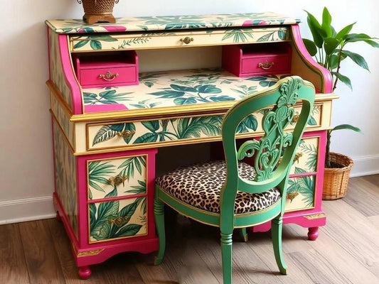 Custom Order Option: Upcycled Antique Rolltop Writer's Desk Retro Pink Tropical Leopard Art Home Study Office Decor Vintage Receptionist