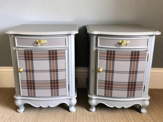 Custom Order Option: Upcycled Antique Sassenach Plaid-Themed Vintage Bedroom Furniture Set- 2 Nightstands Scottish Highlands Clan Tartan