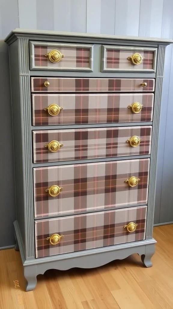 Wooden dresser with plaid pattern and gold knobs on a wooden floor. Upcycled Antique Sassenach Plaid Tall Dresser \| La Vie Nouveau Décor Shoppe