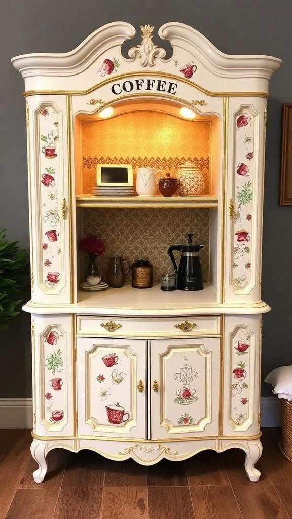 Custom Order Option: Antique Upcycled Armoire Coffee Hutch Tea Nook Beverage Bar Java Station Storage Dining Room Cabinet - Cream White