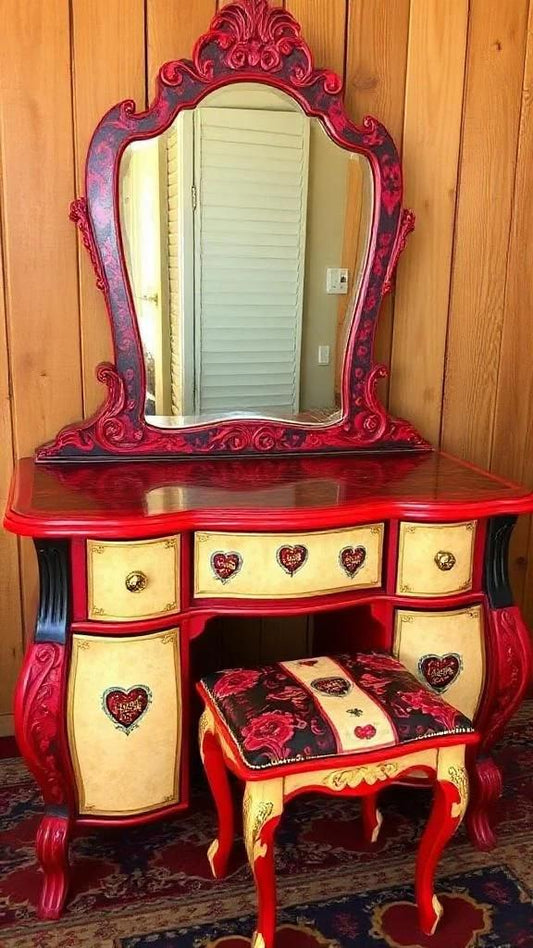 Custom Order Option: Upcycled Antique Retro Queen of Hearts Vanity w/Mirror Vintage Home Salon Decor Dressing Table Boudoir Beauty