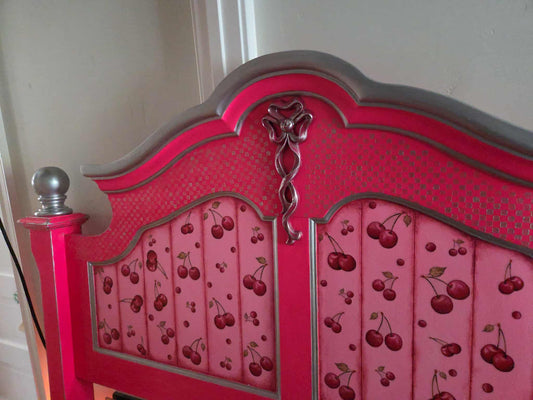Custom Order Option: Alternative Version Neon Pink & Silver Retro Cherry-Themed Vintage Bedroom Furniture Set- Bedframe Headboard Home Decor