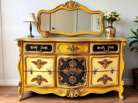 Custom Order Option: Antique Beehive Honeycomb-Themed Art Yellow & Black Upcycled Vintage Bedroom Furniture Set- Wide Dresser Home Decor