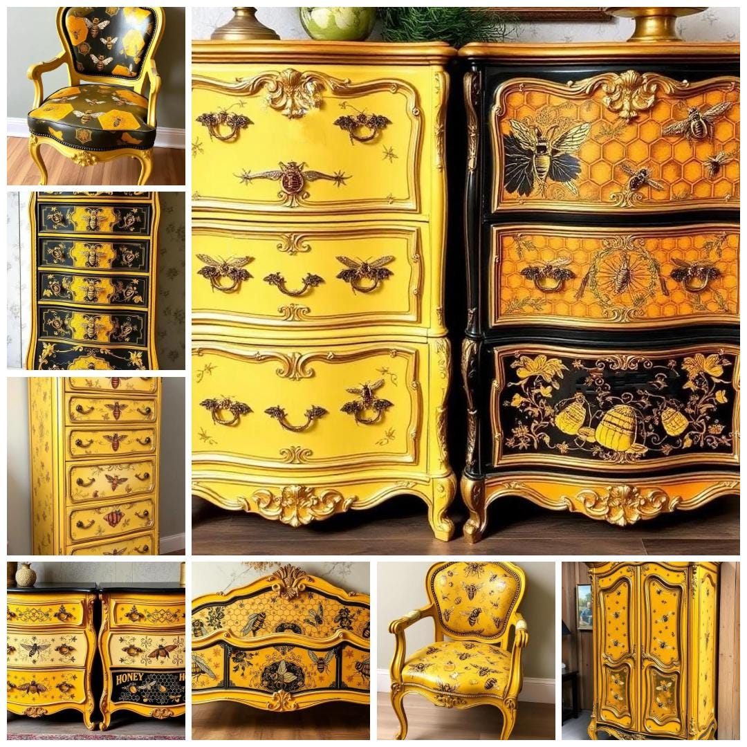 Custom Order Option: Antique Beehive Honeycomb-Themed Yellow & Black Upcycled Vintage Bedroom Furniture Set- Painted Decoupage Accent Chair