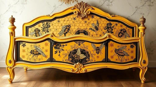 Custom Order Option: Antique Beehive Honeycomb-Themed Art Yellow & Black Upcycled Vintage Bedroom Furniture Set- Bedframe Set Home Decor