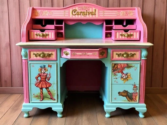 Custom Order Option: Antique Rolltop Writer's Desk Retro Vintage Carnival Circus Showgirl Clown Core Big-Top Art Home Study Office Decor
