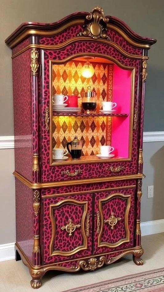 Custom Order Option: Antique Upcycled Armoire Coffee Hutch Tea Nook Beverage Bar Java Station Storage Dining Room Cabinet - Leopard Print