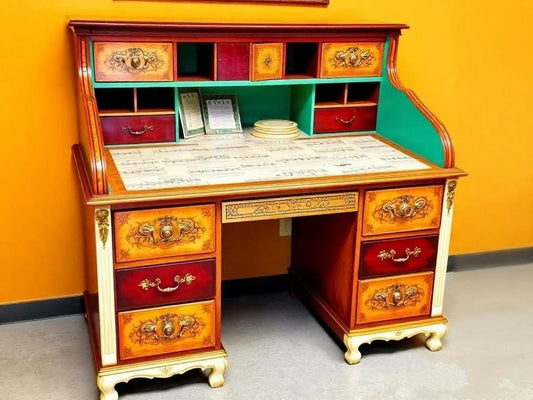 Custom Order Option: Upcycled Antique Rolltop Writer's Desk Retro Music Notes Instruments Art Home Study Office Decor Vintage Receptionist