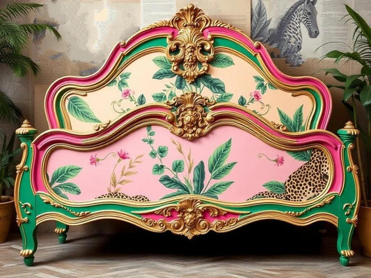 Custom Order Option: Upcycled Antique Retro Pink Tropical Leopard-Themed Vintage Bedroom Furniture Set- Bedframe Headboard Set Home Decor