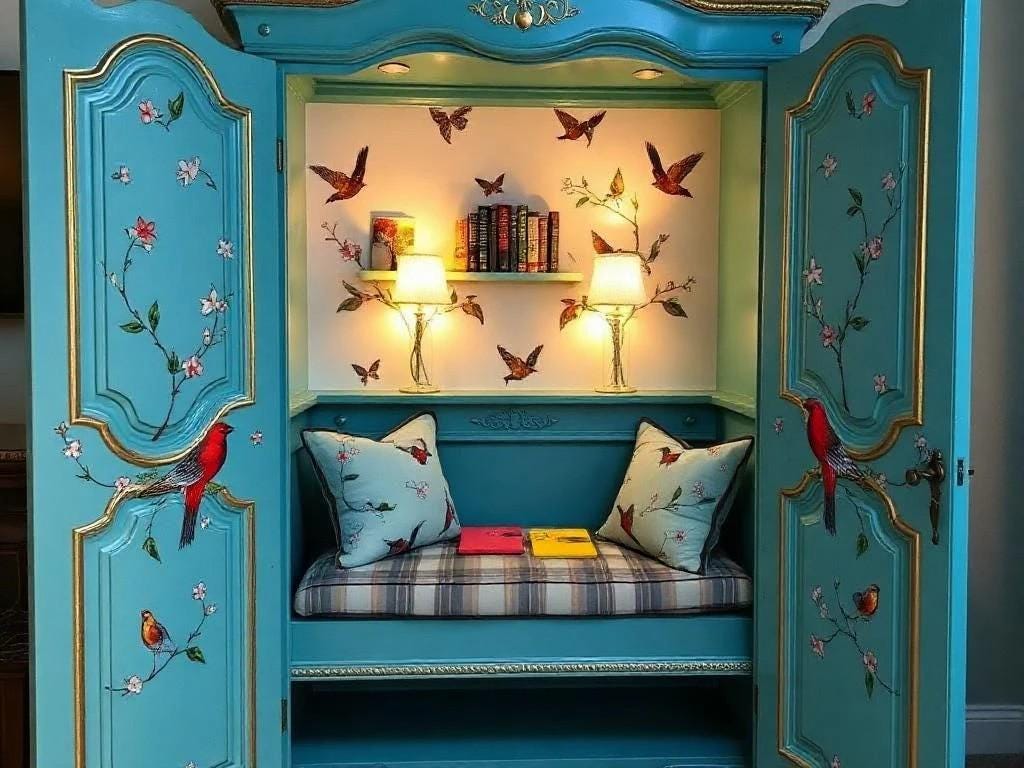 Decorative blue cabinet with floral and bird designs, interior with cushions and books. Decorative blue cabinet with floral and bird patterns, books, and a cushion. Decorative armoire with bird designs on a wooden floor. converted armoire into a reading space with a bench and shelves with soft lighting. Upcycled Antique Blue Birds Armoire Reading Nook \| La Vie Nouveau Décor Shoppe