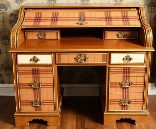 Custom Order Option: Upcycled Antique Rolltop Writer's Desk Retro Tan Plaid Check Tartan Art Home Study Office Decor Vintage Receptionist