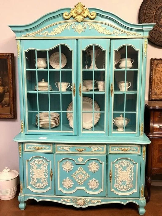 Custom Order Option: Upcycled Antique Cream Lace & Turquoise-Theme Vintage Furniture Set- Buffet China Hutch Dining Room Retro Home Decor