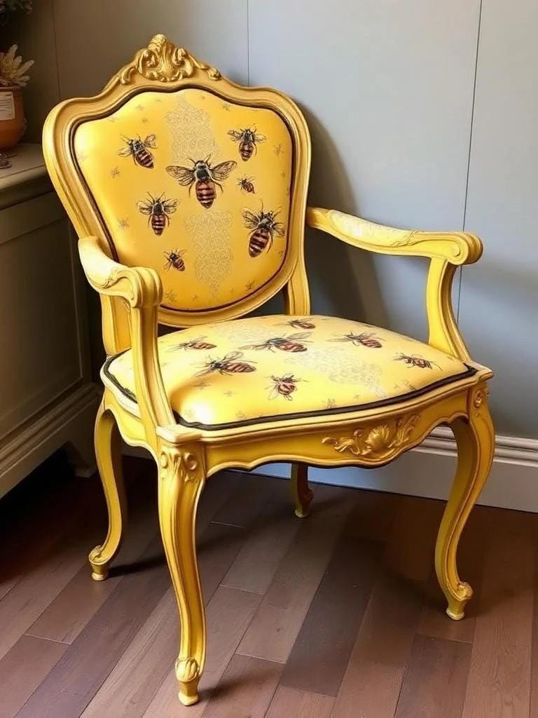 Custom Order Option: Antique Beehive Honeycomb-Themed Yellow & Black Upcycled Vintage Bedroom Furniture Set- Painted Decoupage Accent Chair