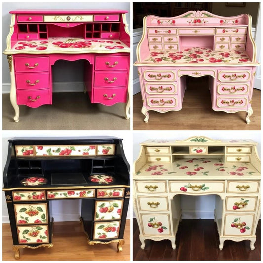 Custom Order Option: Antique Rolltop Writer's Desk Retro Cherry-Themed Art Upcycled Vintage Receptionist Home Study Office Decor