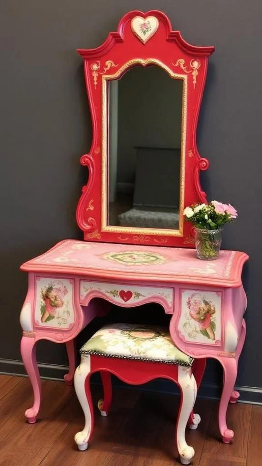 Custom Order Option: Upcycled Antique Retro Cupid Heart Vanity w/Mirror Vintage Home Salon Decor Dressing Table Boudoir Beauty
