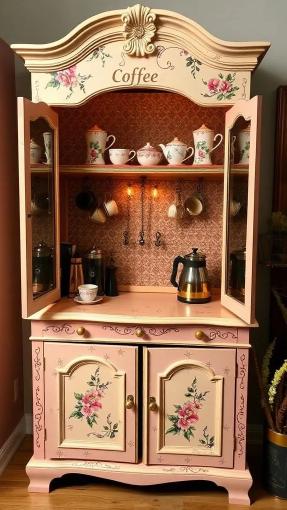 Custom Order Option: Antique Upcycled Armoire Coffee Hutch Tea Nook Beverage Bar Java Station Storage Dining Room Cabinet - Cream White