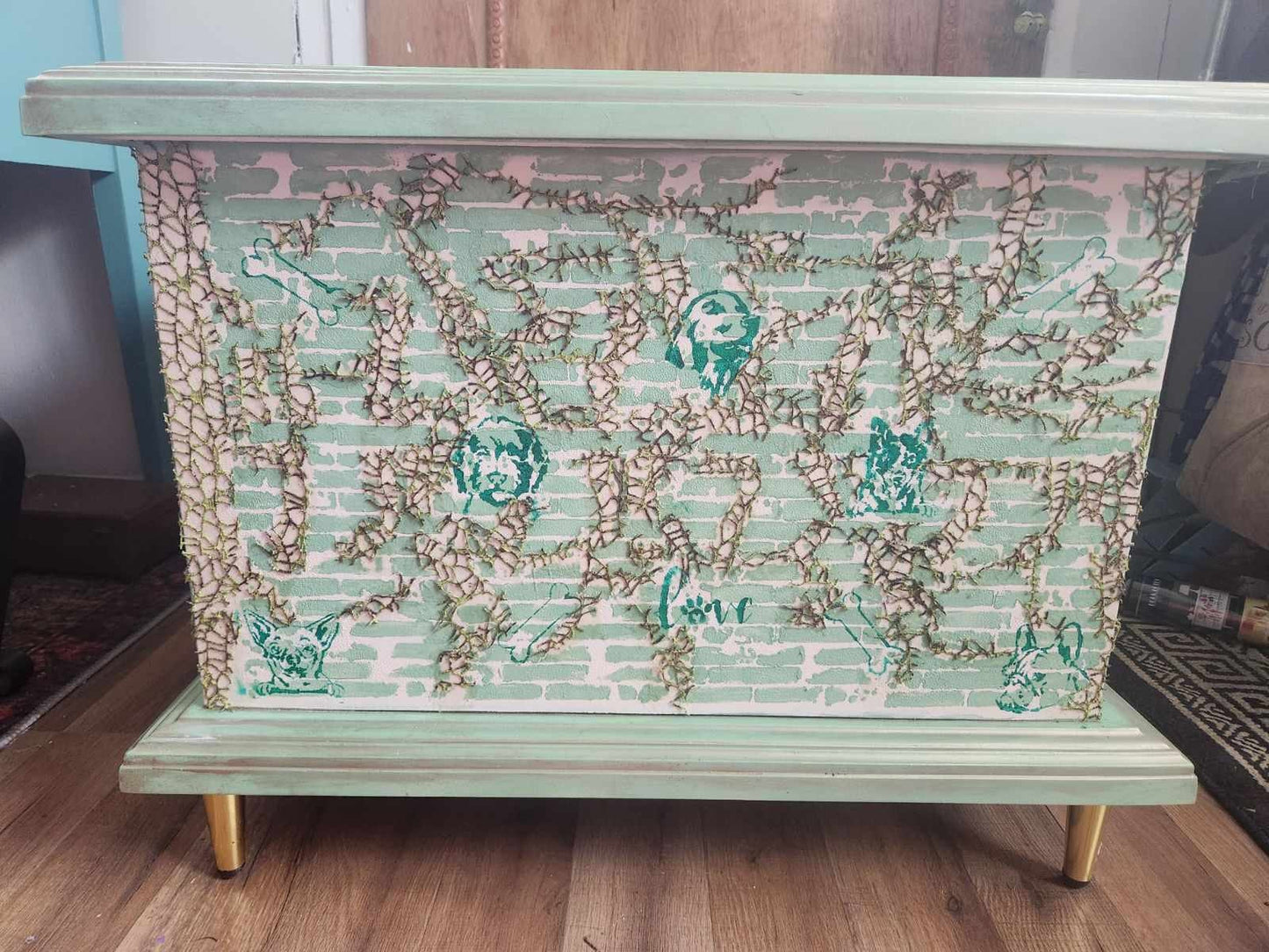 custom order option: Delightful Dog House Den, End-Side Table, Green Vines & Curtains, Pup Graffiti Art, S-M Sized Dogs, Unique Hand-Painted