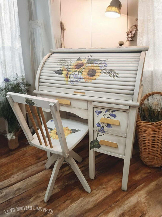 Custom Order Option: Antique 1940s Children's Sunflower Roll-Top Desk w/ Chair Homeschool Cottage Core Décor Girls Room Children's Bookstore