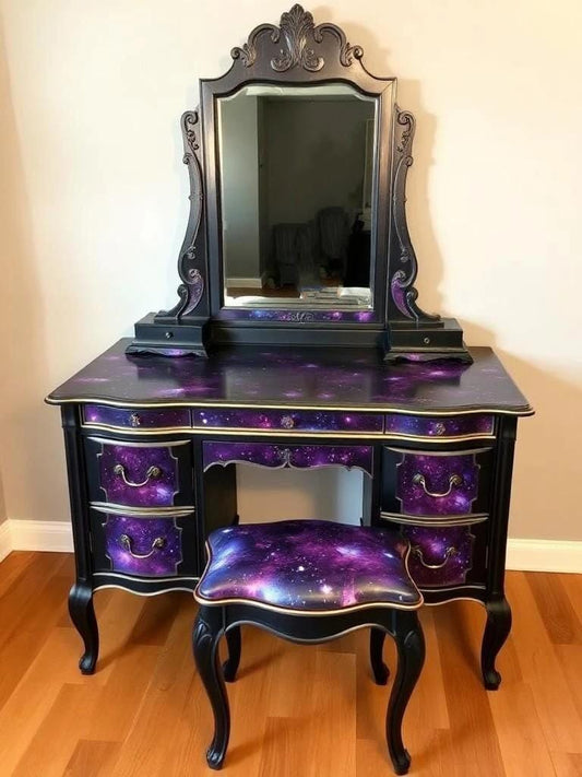 Custom Order Option: Upcycled Antique Retro Galaxy-Themed Vanity w/Mirror Make-Up Vintage Home Salon Decor Dressing Table Boudoir