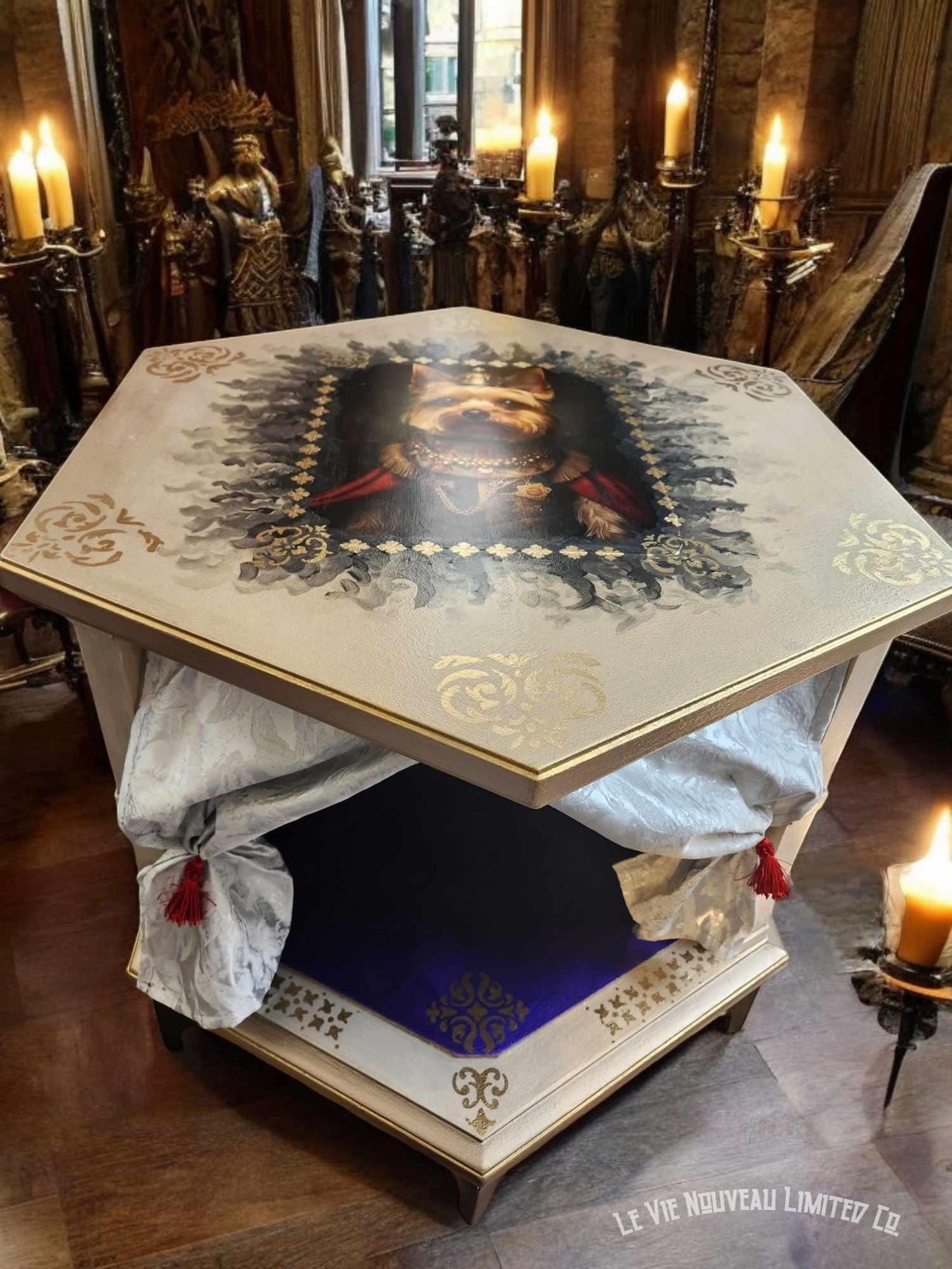 Yorkie Dog Bed Vintage Thomasville 70s Solid Wood Hexagon End Table & Dog Kennel Crate, Dog Lover Gift, Unique small Dog Pet Furniture