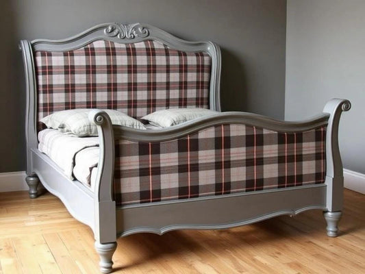Custom Order Option: Upcycled Antique Sassenach Plaid-Themed Vintage Bedroom Furniture Set- Bedframe Retro Scottish Highlands Clan Tartan