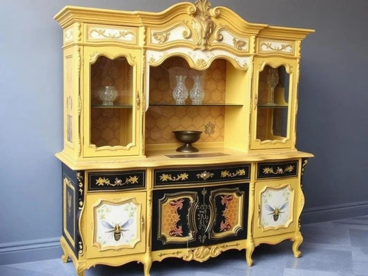 Custom Order Option: Antique Beehive Honeycomb-Themed Art Upcycled Vintage Furniture Set- Buffet China Hutch Home Decor
