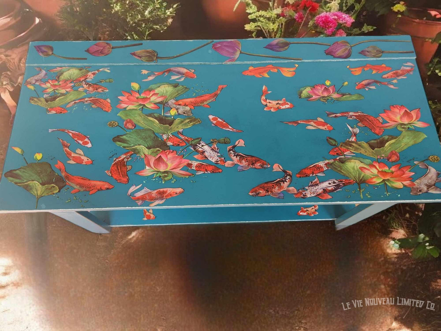 Custom Order Option: Floating Lotus & Koi Coffee Table Book Shelf, Vibrant Blue-Green Color, Metallic-Aqua Edge Upcycled Furniture Art