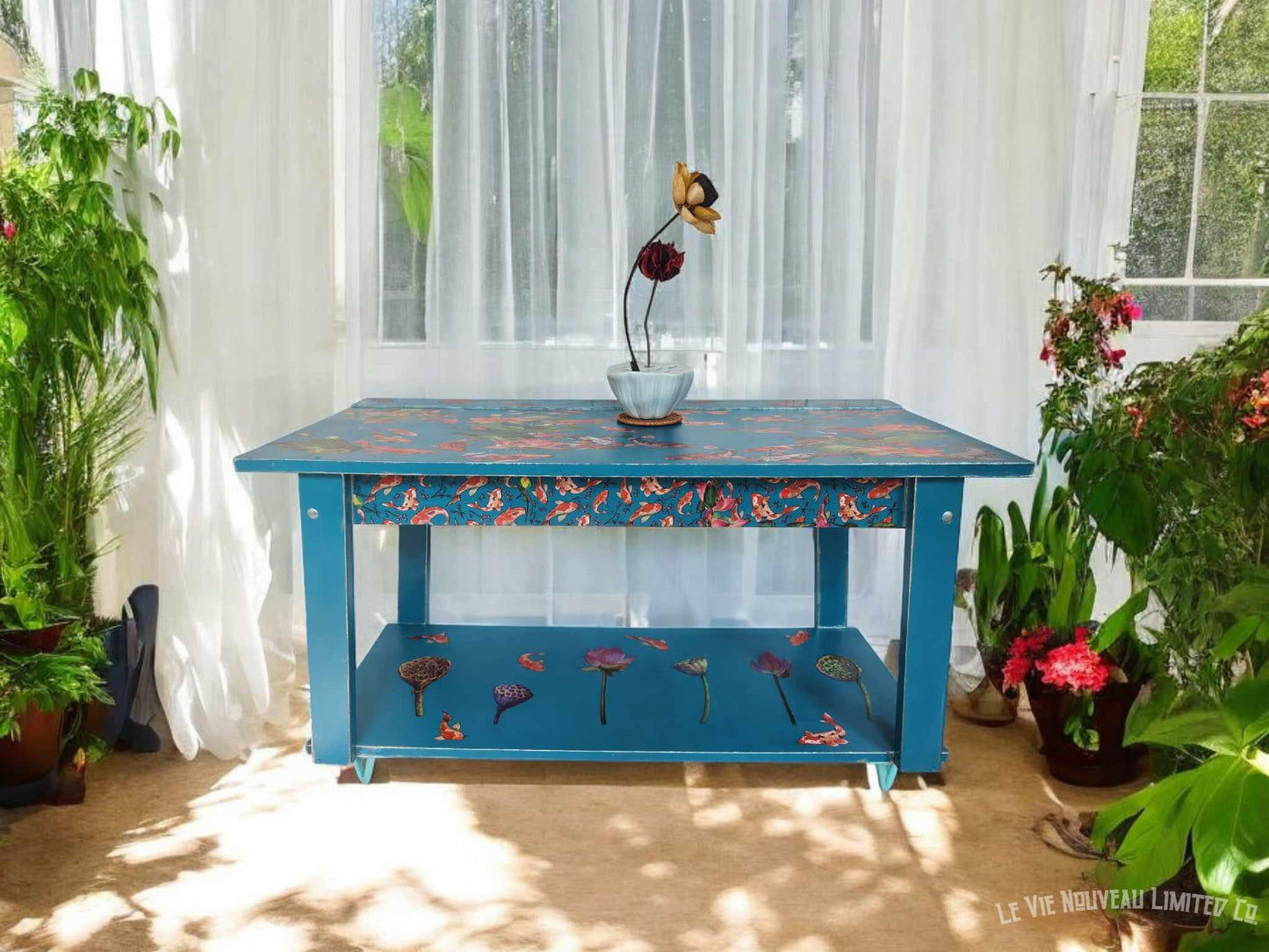 Custom Order Option: Floating Lotus & Koi Coffee Table Book Shelf, Vibrant Blue-Green Color, Metallic-Aqua Edge Upcycled Furniture Art