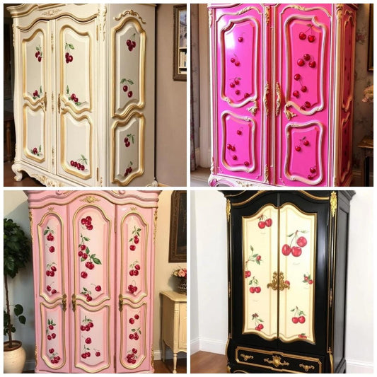 Custom Order Option: Upcycled Antique Retro Cherry-Themed Vintage Bedroom Furniture Set- Wardrobe Armoire Home Decor Blanket Storage